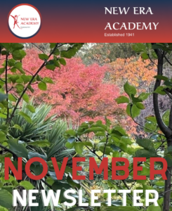 New Era Academy November Newsletter cover with autumnal leaves.